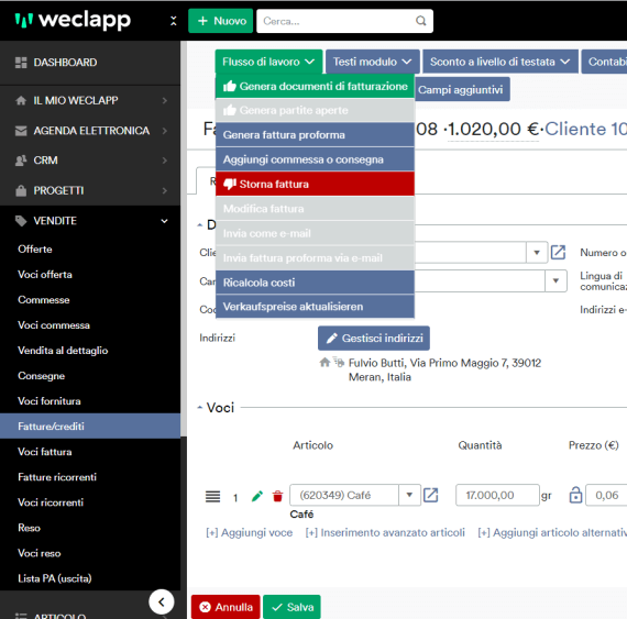 weclapp screenshot programma fattura