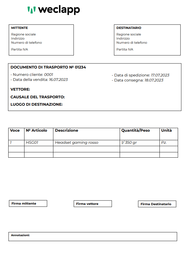 Esmepio documento di trasporto di weclapp, DDT esempio, DDT modello, DDT come si compila