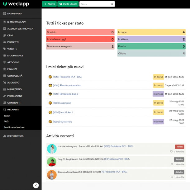 Dashboard del software help desk di weclapp